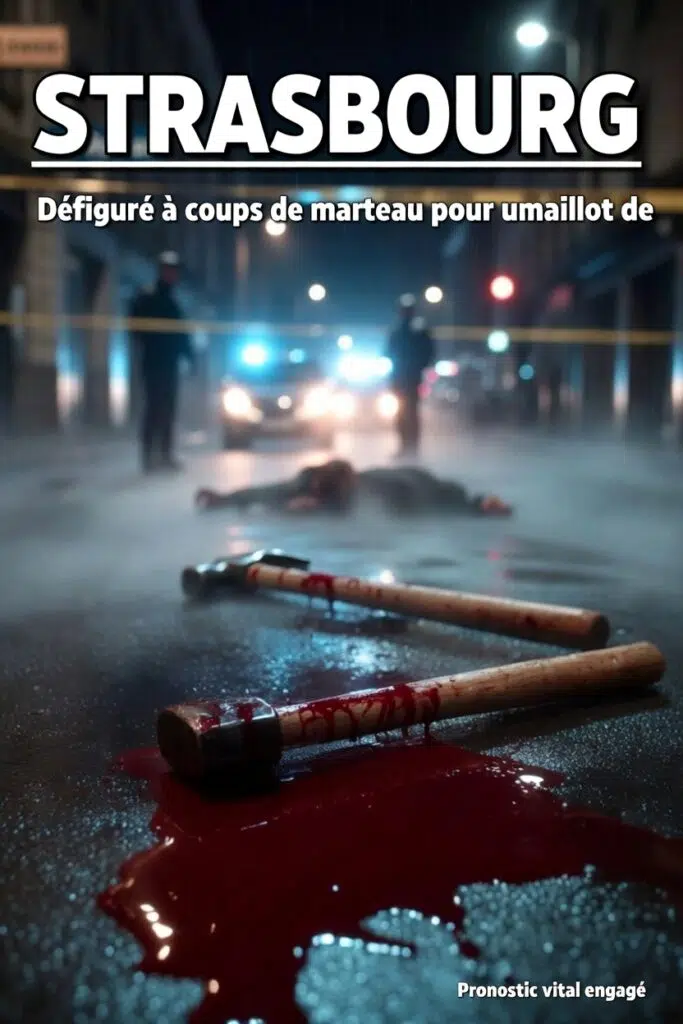 Photo de couverture montrant une scène de crime nocturne à Strasbourg : un marteau ensanglanté abandonné dans une flaque de sang sur le trottoir, avec un périmètre de police et des gyrophares en arrière-plan. Illustration de l’agression d’un adolescent de 17 ans défiguré à coups de marteau pour un différend autour d’un maillot de football.