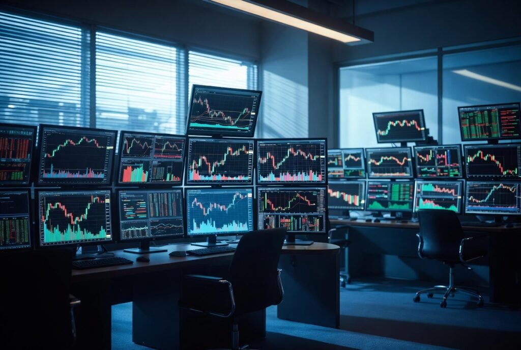 Salle de trading moderne avec écrans affichant des graphiques boursiers – Ce qui va se passer sur les marchés demain