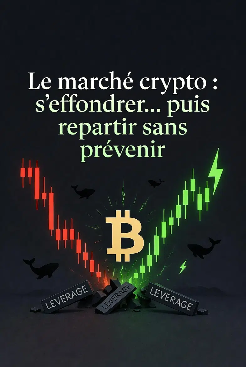 « Image de couverture : Bitcoin doré au centre entouré de graphiques en bougies rouges (chute) et vertes (pump), baleines en arrière-plan et blocs de levier brisés. Titre : Le marché crypto : s’effondrer… puis repartir sans prévenir. »