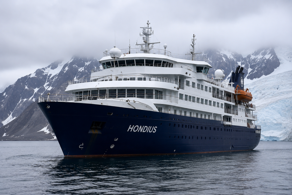 Le navire d’expédition MV Hondius naviguant dans des eaux polaires après l’apparition d’un foyer de hantavirus à bord.