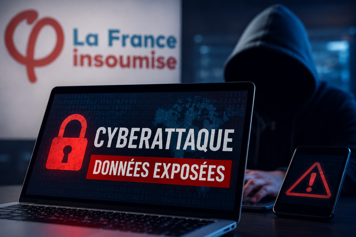 Illustration d’une cyberattaque visant La France insoumise avec des données militantes exposées en ligne.
