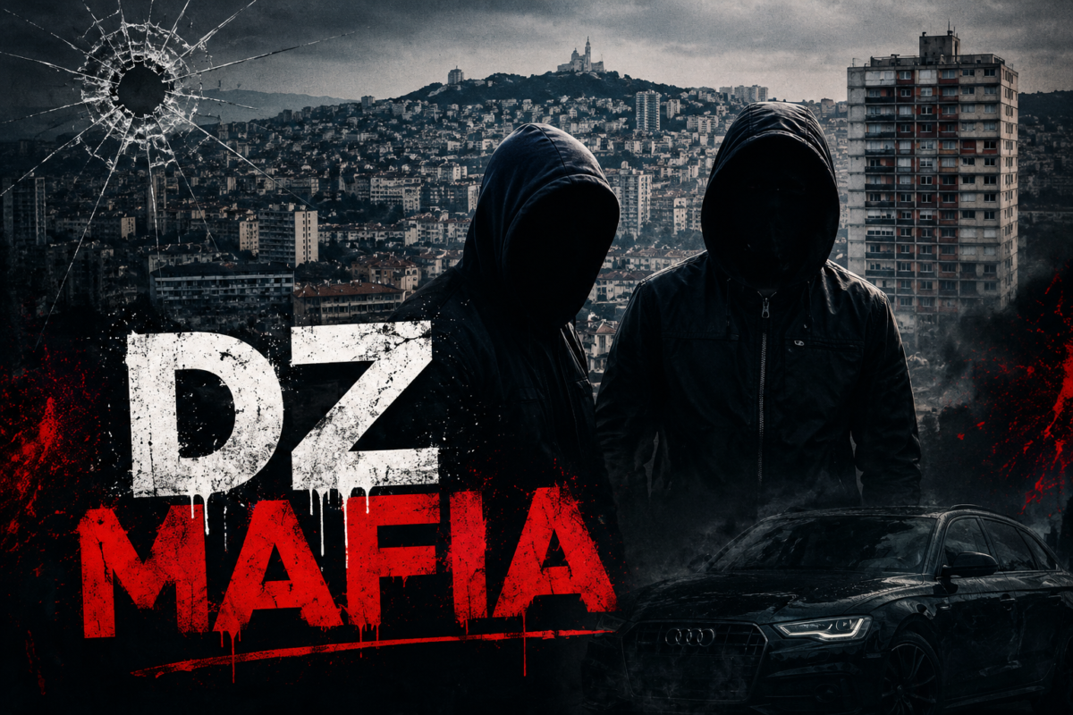 Illustration représentant la DZ Mafia sur fond de Marseille et de narcobanditisme.