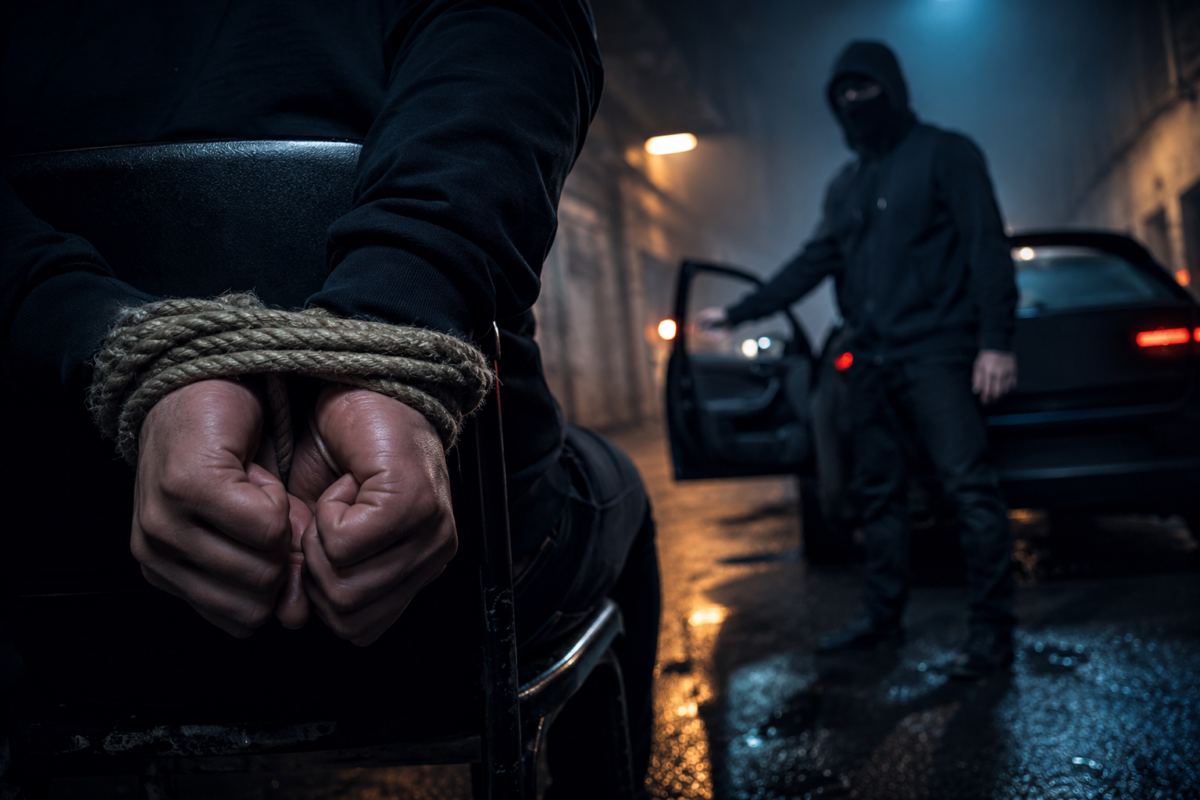Illustration d’un enlèvement lié aux cryptomonnaies avec une victime ligotée face à un homme cagoulé.