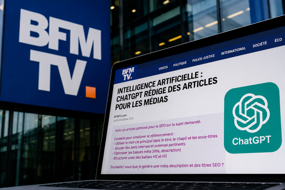 Smartphone affichant le logo BFM TV devant un écran montrant un article lié à une polémique autour de ChatGPT et de l’intelligence artificielle.