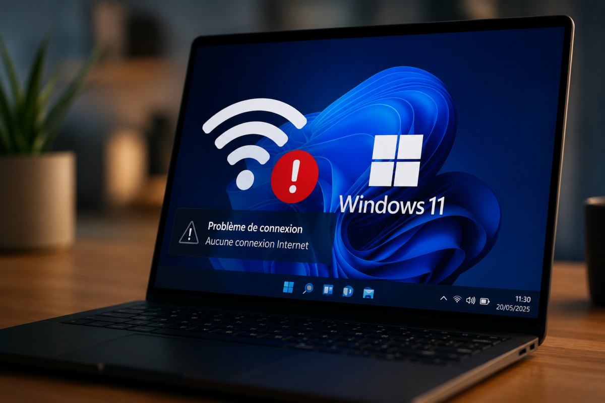Ordinateur portable affichant Windows 11 avec un message d’erreur de connexion Wifi sur l’écran.