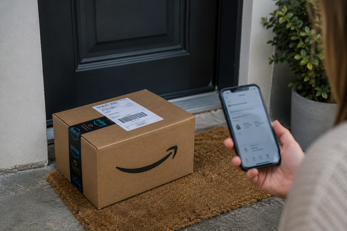 Colis livré devant une porte d’entrée tandis qu’une personne consulte son téléphone pour vérifier ses commandes en ligne.