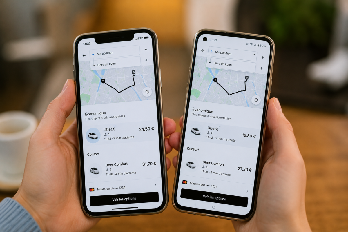 Deux smartphones affichant des prix différents pour le même trajet sur une application de réservation.