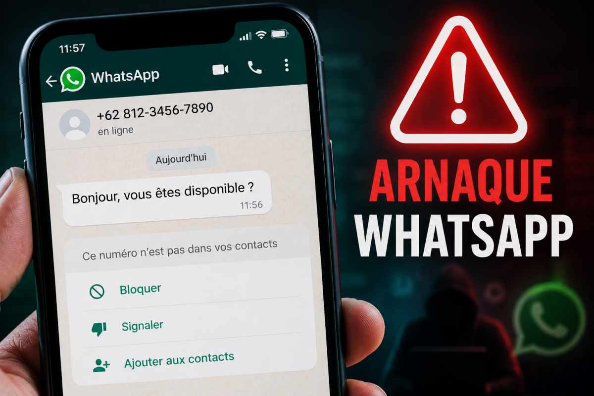 Smartphone affichant un message suspect reçu sur WhatsApp provenant d’un numéro inconnu.