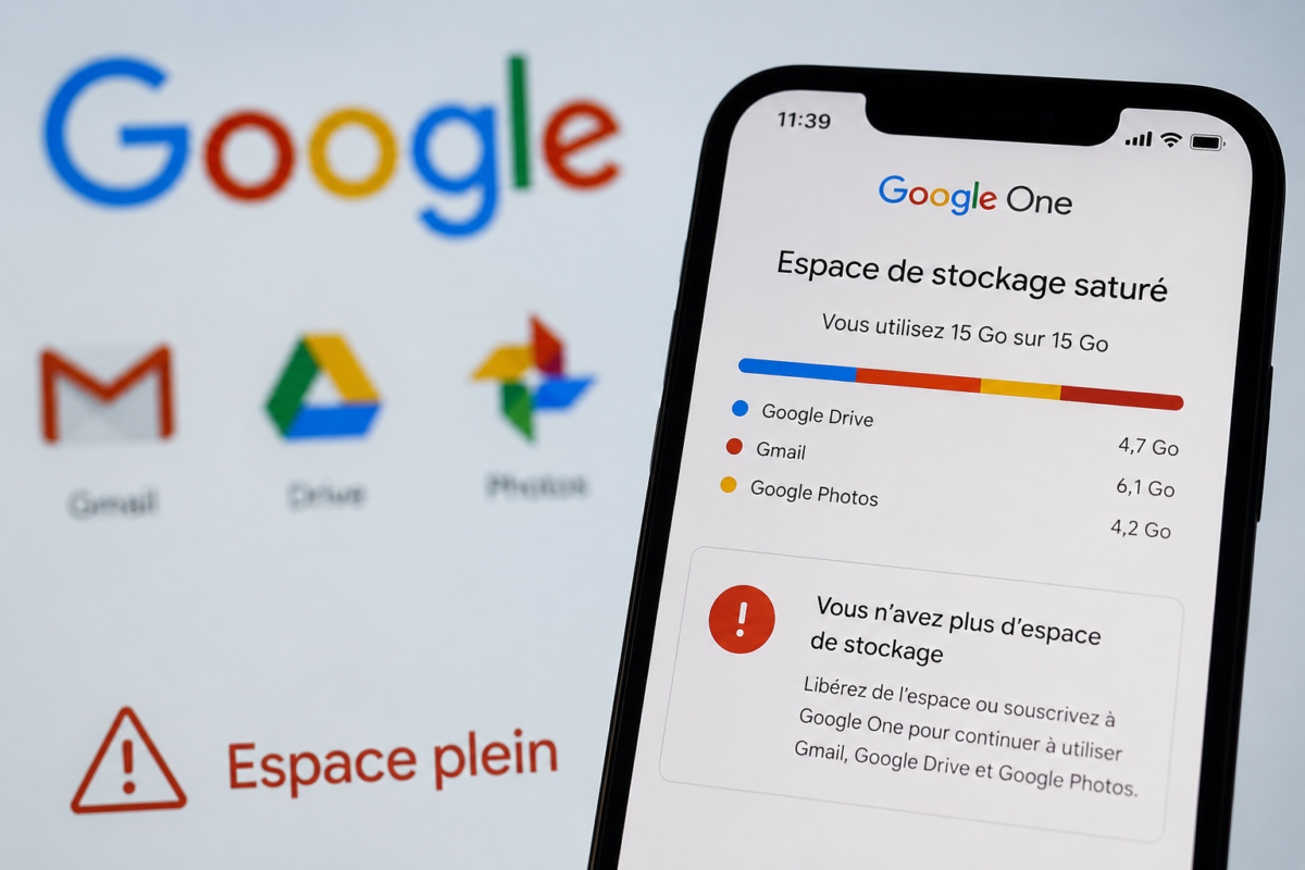 Smartphone affichant une alerte de stockage saturé sur Google One avec les logos Gmail, Google Drive et Google Photos en arrière-plan.