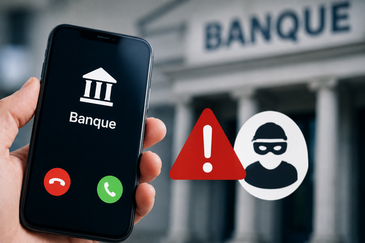 Smartphone affichant un appel provenant d’une banque avec un symbole d’alerte lié à une arnaque téléphonique.