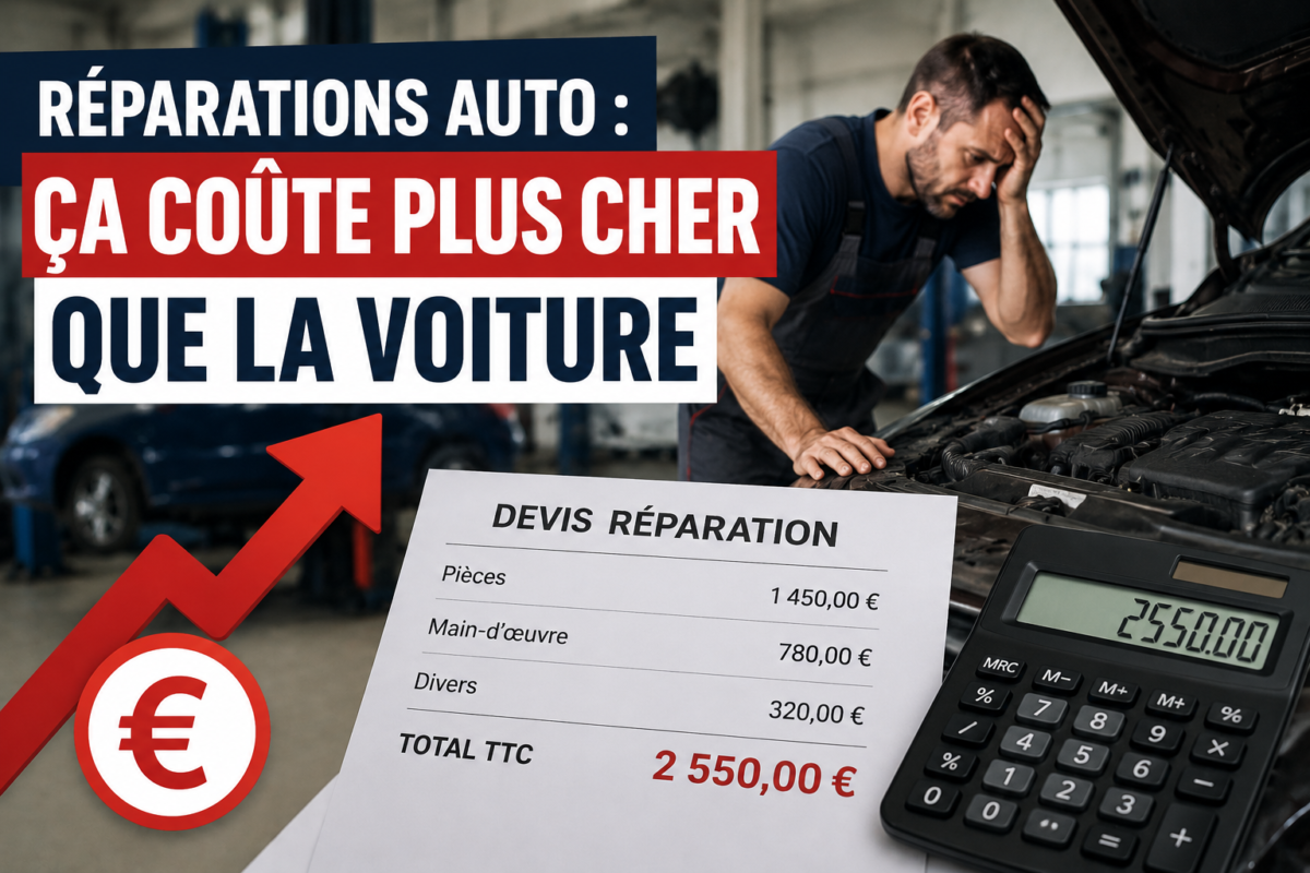 Mécanicien inspectant une voiture dans un garage avec un devis de réparation élevé posé au premier plan.