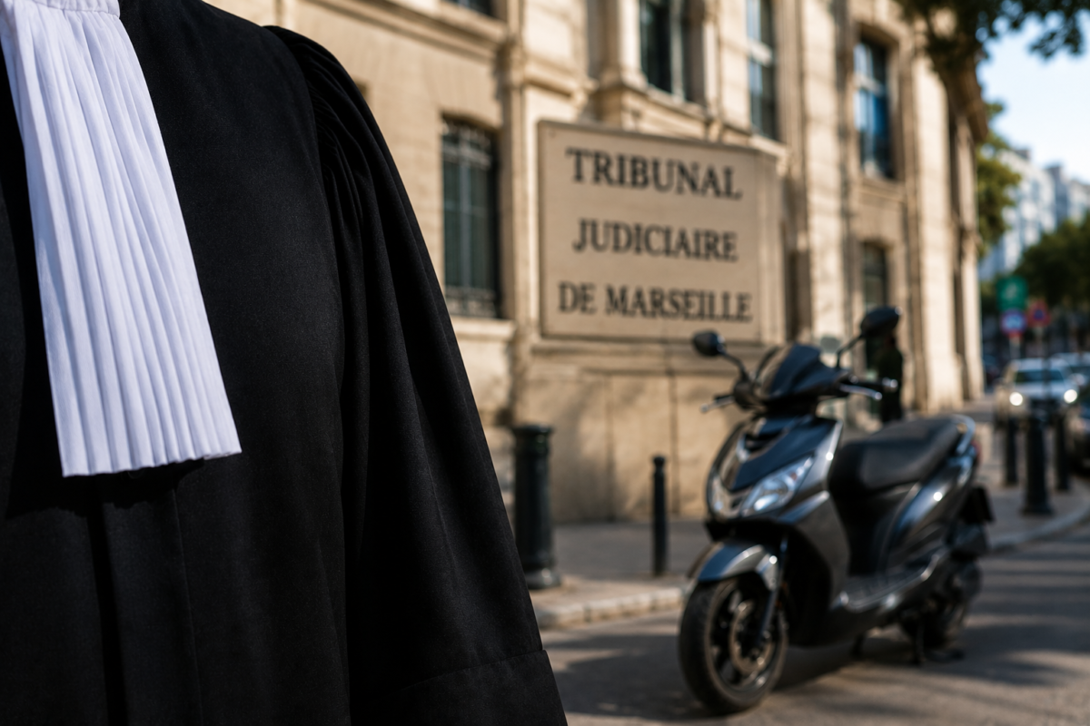 Robe de magistrat devant le tribunal judiciaire de Marseille avec un scooter stationné à proximité.