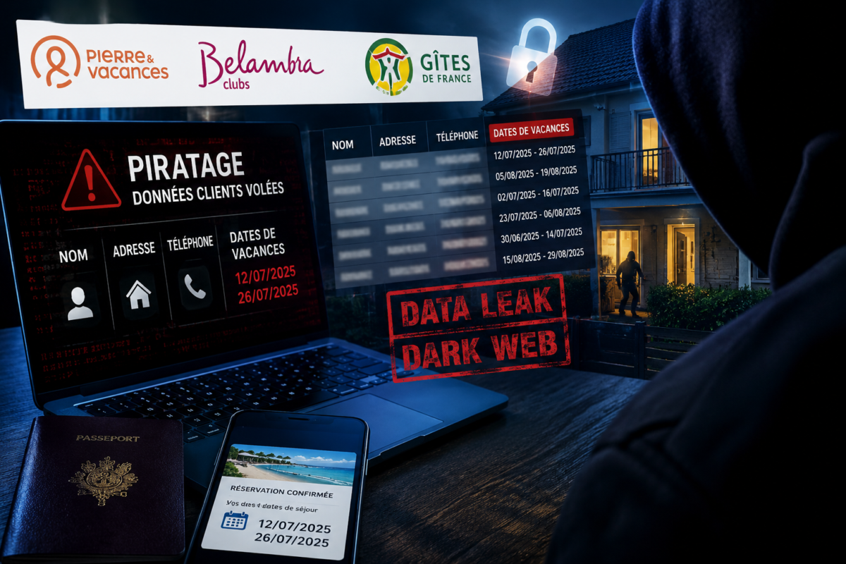 Illustration d’un piratage informatique visant des plateformes touristiques avec fuite de données personnelles et risque de cambriolage pendant les vacances.