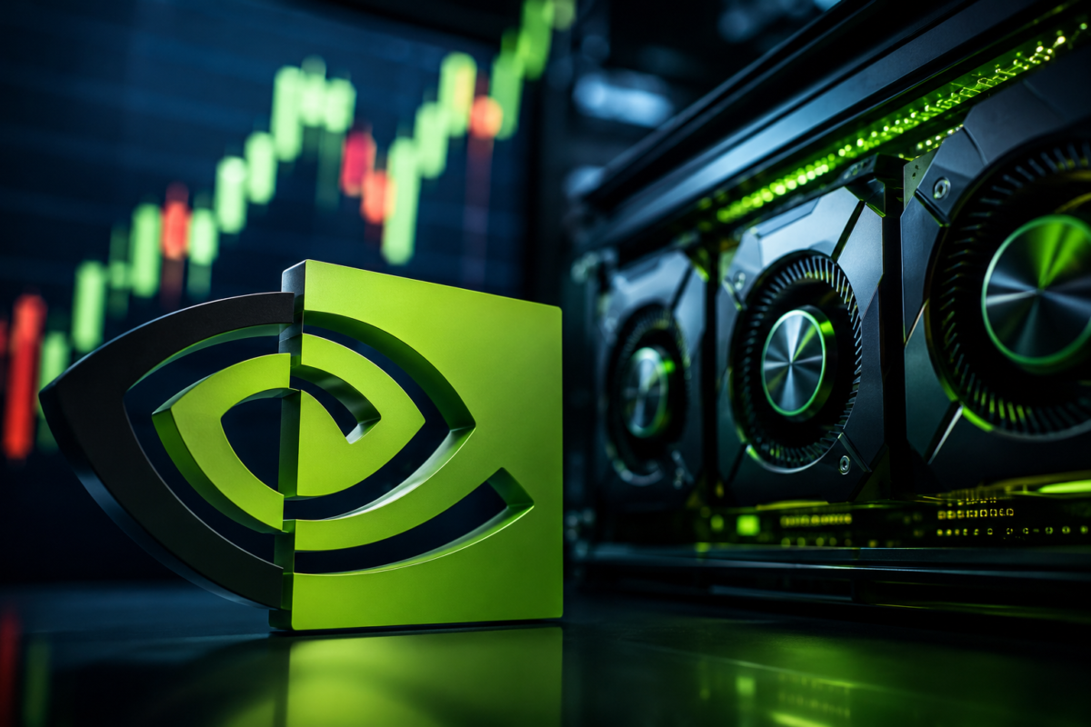 Illustration technologique autour de NVIDIA avec des cartes graphiques et un environnement financier symbolisant les résultats très attendus du géant de l’intelligence artificielle.