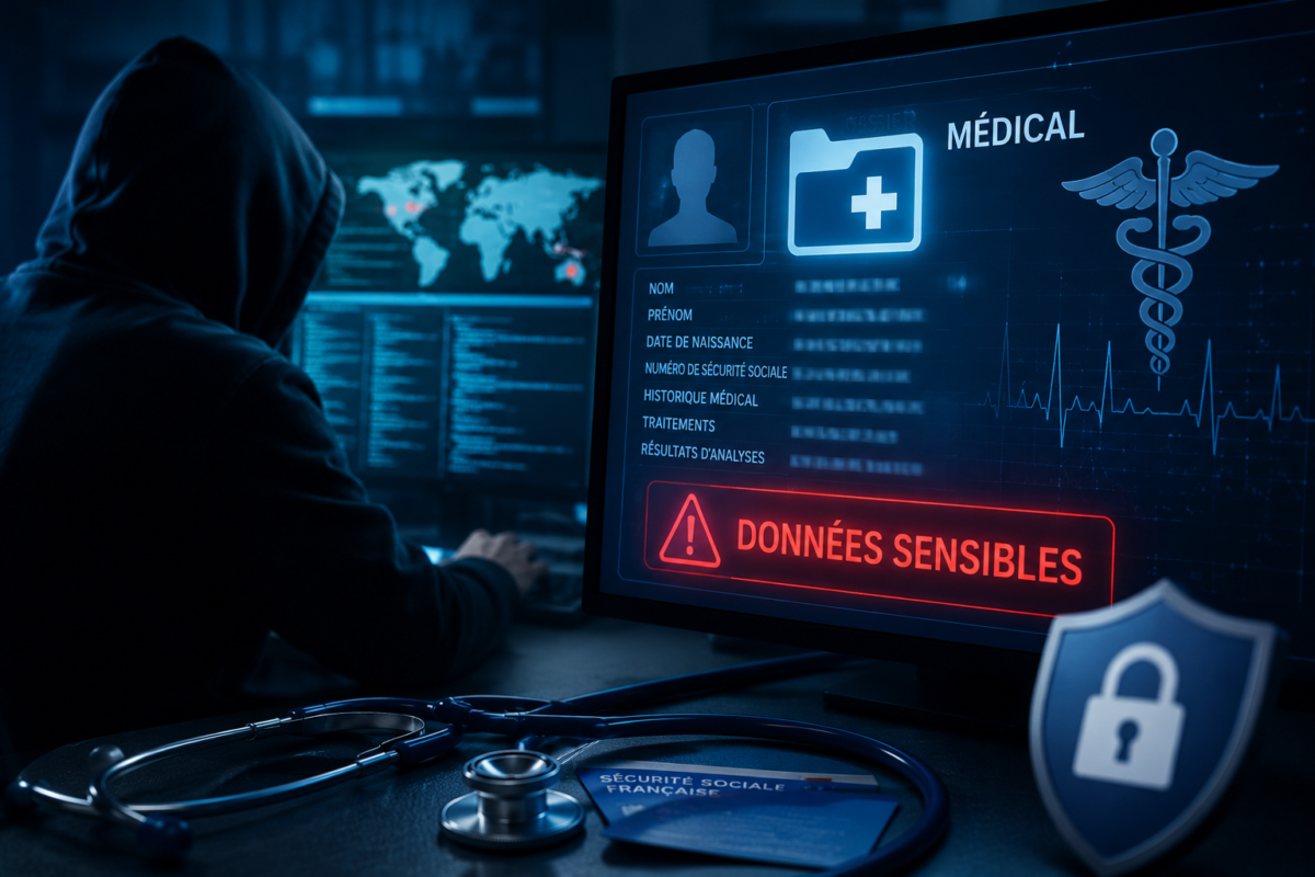 Hacker devant des écrans affichant des dossiers médicaux piratés et des données sensibles dans un environnement de cyberattaque.