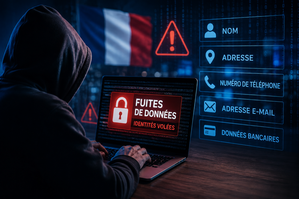 Hacker devant un ordinateur affichant des données personnelles compromises, illustrant les risques liés aux grandes fuites de données touchant des millions de Français.