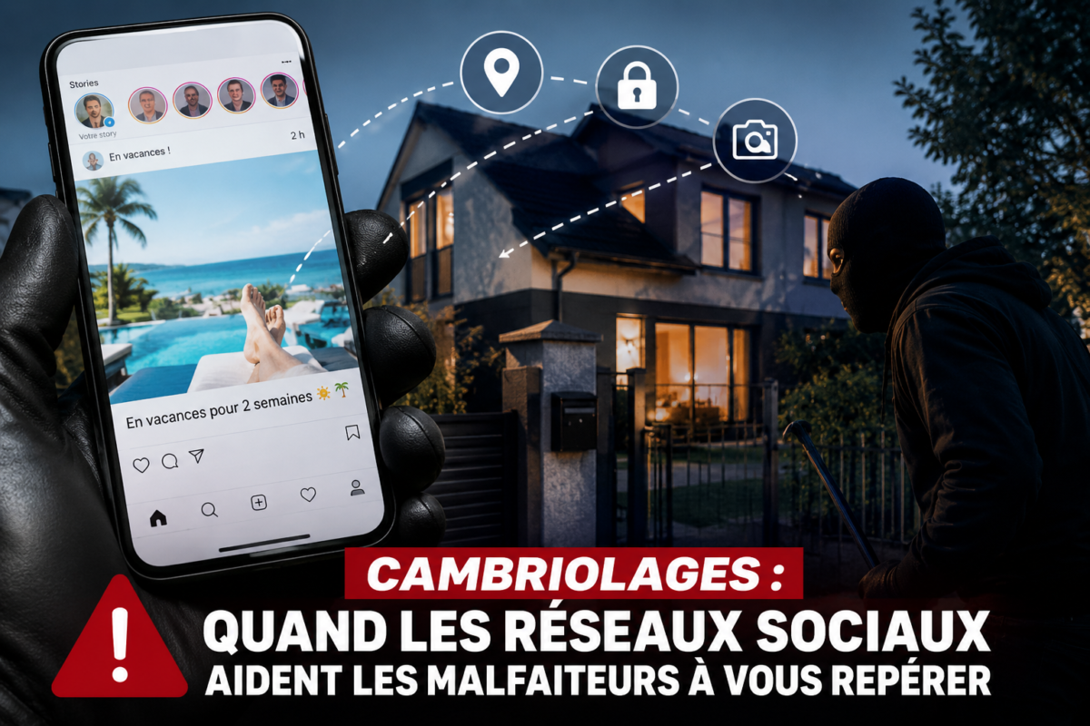 Smartphone affichant une publication de vacances sur les réseaux sociaux devant une maison individuelle, tandis qu’un individu cagoulé observe le domicile à proximité.