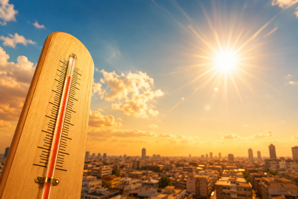 Thermomètre affichant une température élevée sous un soleil éclatant au-dessus d’une ville française, illustrant l’épisode de forte chaleur attendu dans plusieurs régions.