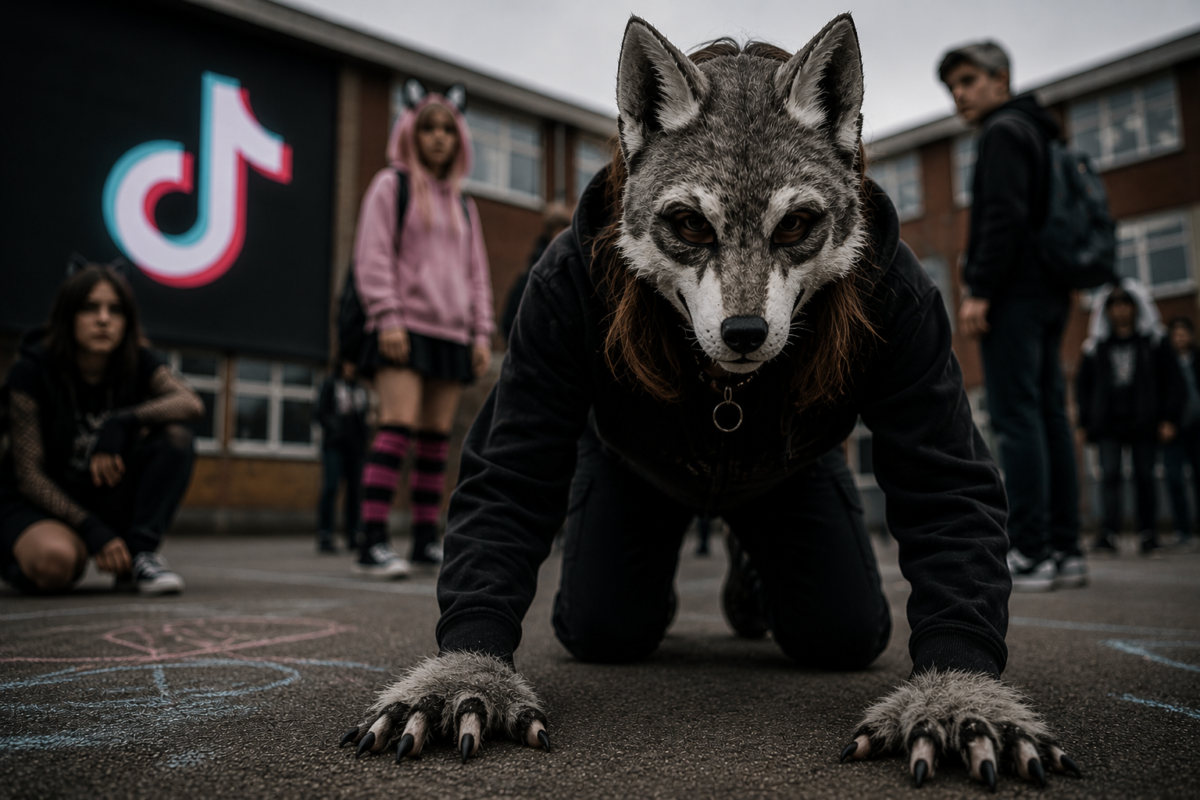 Un adolescent portant un masque de loup avance à quatre pattes dans une cour d’école sous le regard d’autres jeunes, illustrant le phénomène “therian” popularisé sur TikTok.