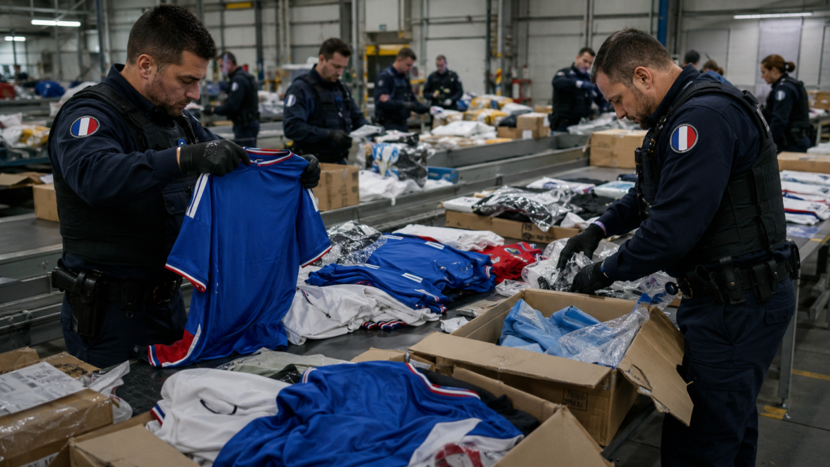 Des douaniers français inspectent des colis et des maillots de football dans un entrepôt logistique, après une saisie de produits contrefaits avant la Coupe du monde.