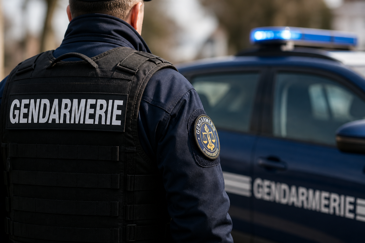 Gendarme français devant un véhicule de gendarmerie dans le cadre d’une enquête de sécurité