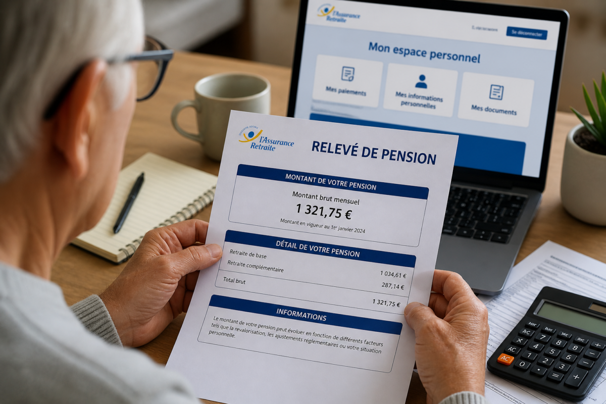 Personne retraitée consultant un relevé de pension devant son espace retraite en ligne.
