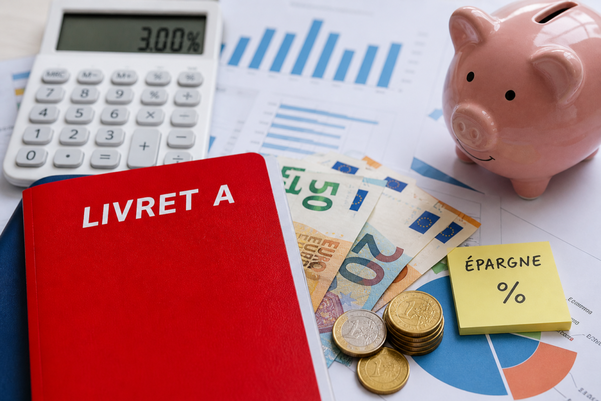 Livret A avec billets en euros, calculatrice et tirelire illustrant l’épargne en France
