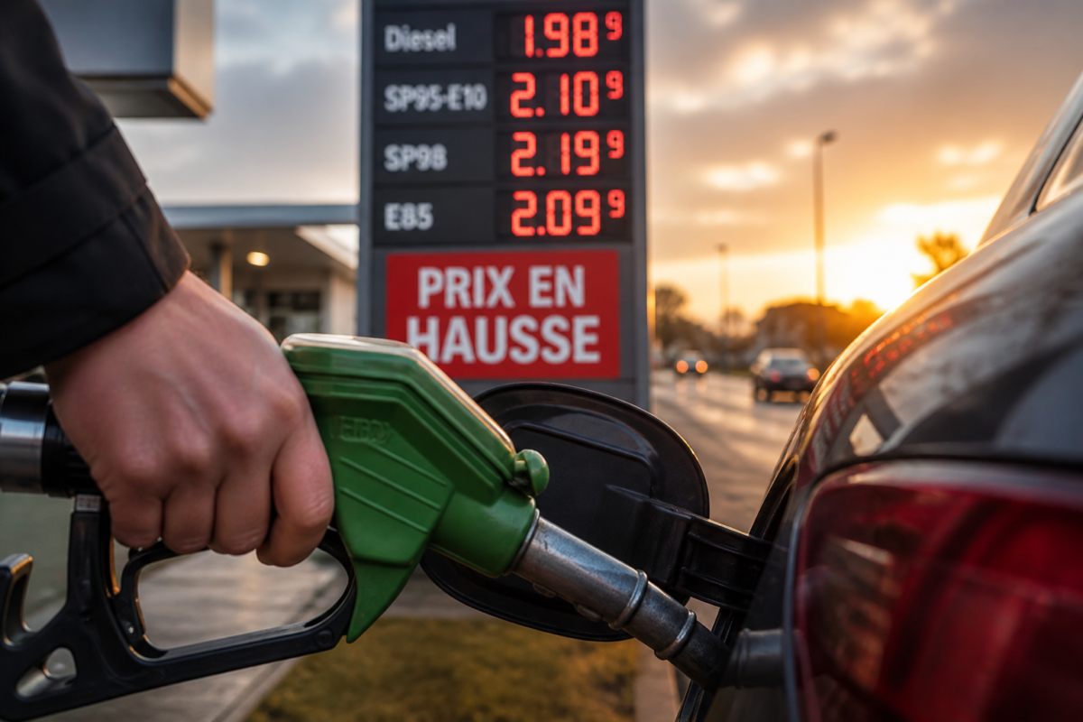 Pistolet de pompe à essence avec panneau affichant une hausse des prix du carburant