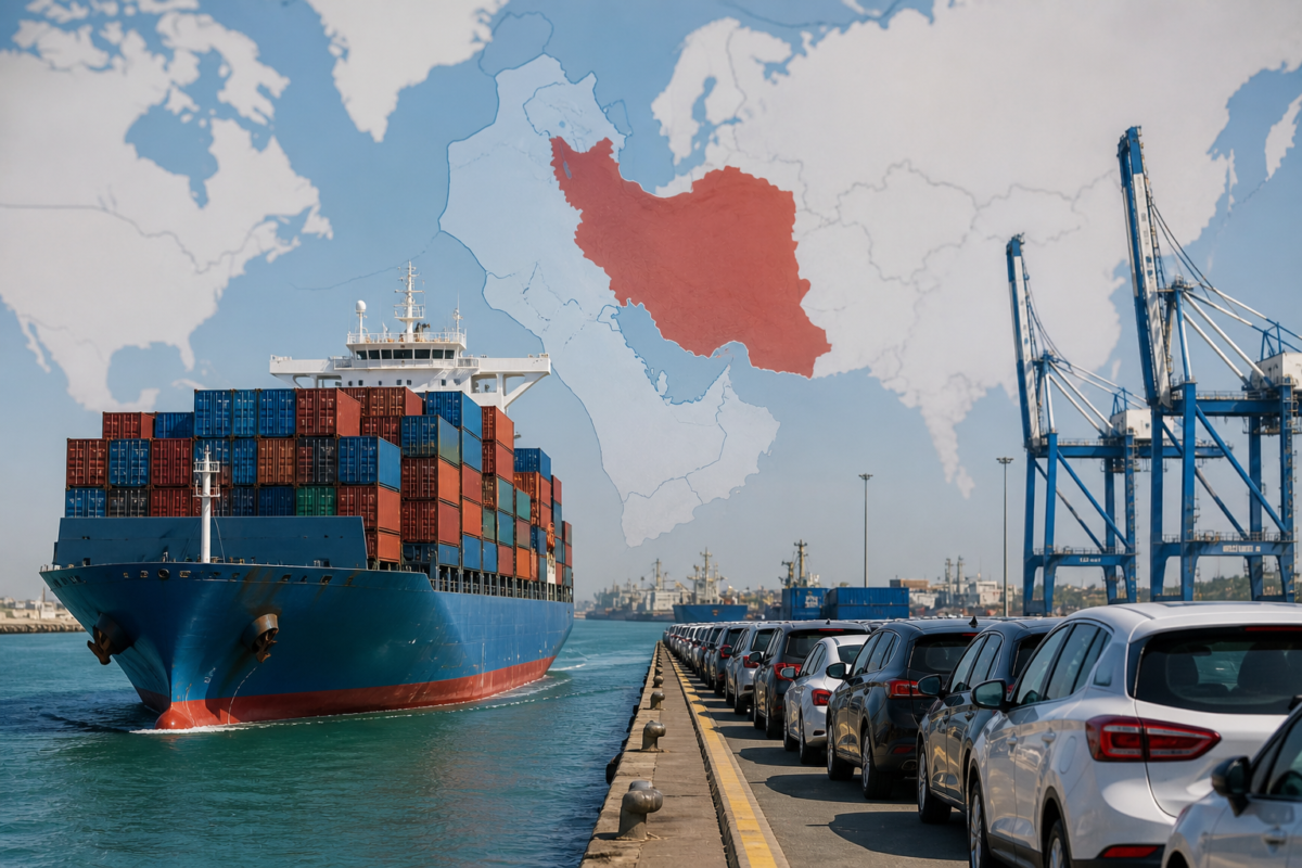 Porte-conteneurs et voitures dans un port industriel sur fond de carte de l’Iran