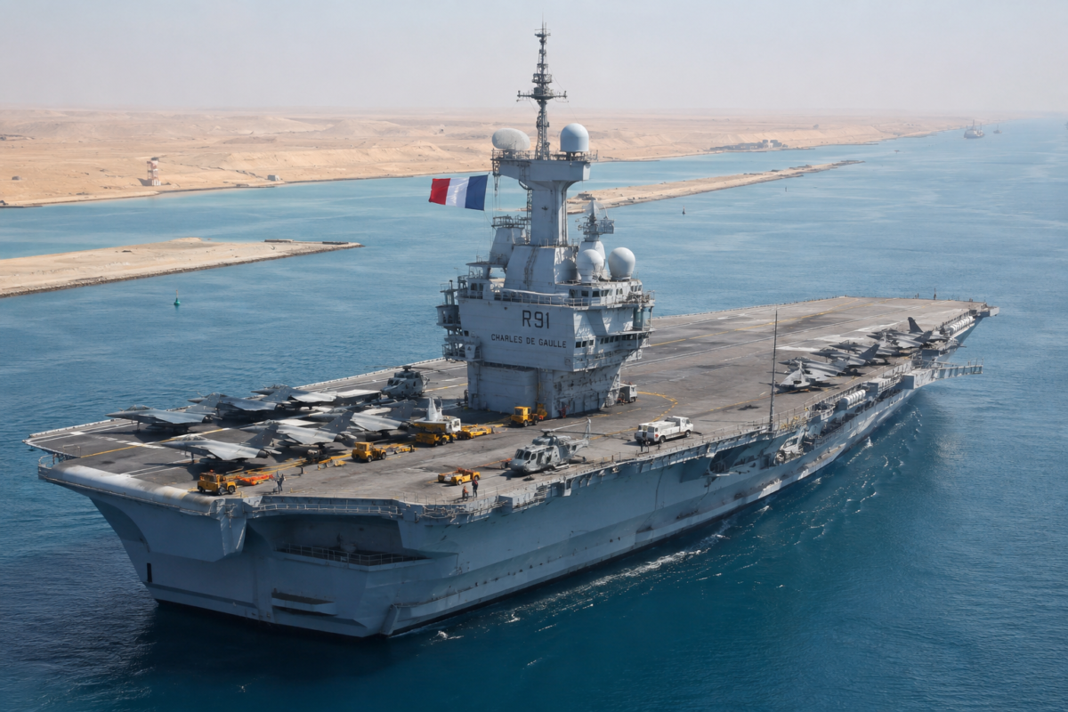 Le porte-avions français Charles-de-Gaulle traversant le canal de Suez avec plusieurs avions de combat à bord