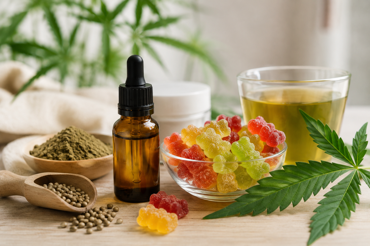 Produits alimentaires à base de CBD avec huiles, gummies et infusion sur une table.