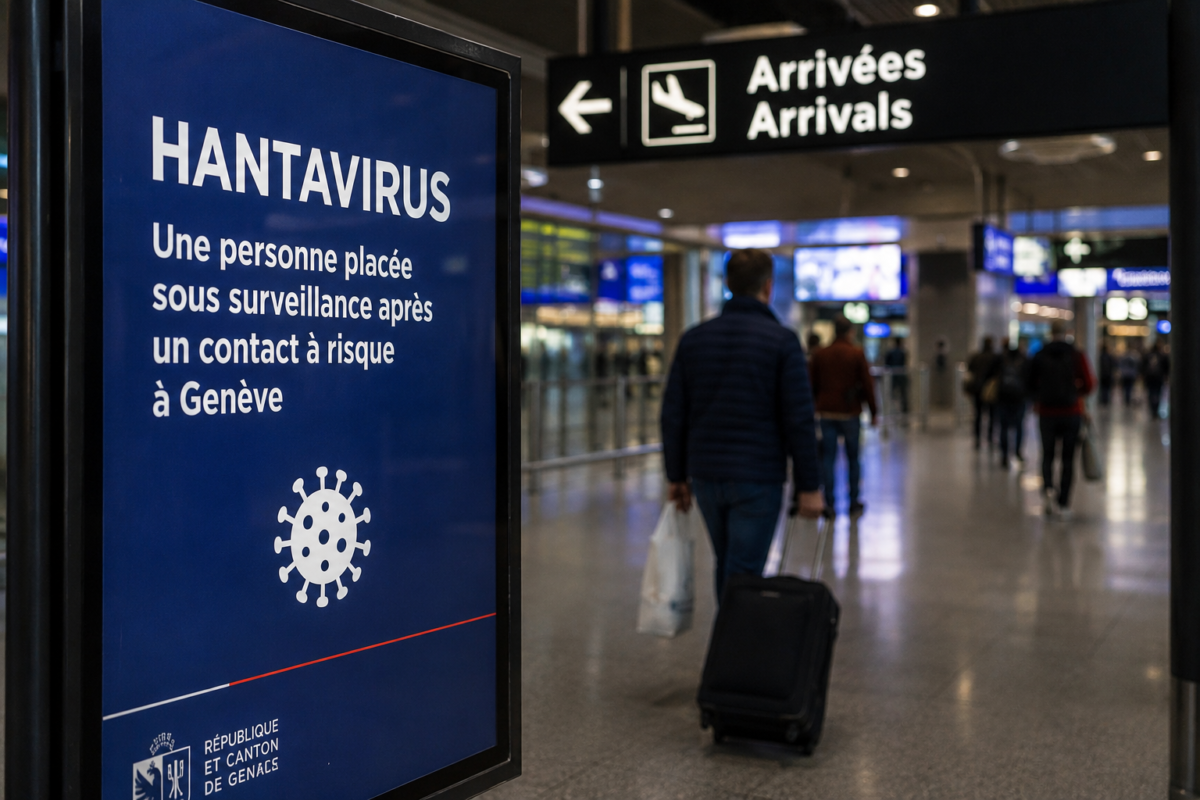 Affichage sanitaire sur le hantavirus dans un terminal d’aéroport après la mise sous surveillance d’une personne à Genève.