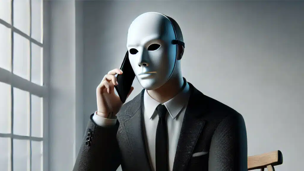 Un homme en costume portant un masque blanc parle au téléphone dans une pièce sombre, illustrant les nouvelles arnaques bancaires utilisant l’intelligence artificielle.