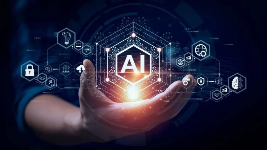 Illustration numérique représentant l’intelligence artificielle avec un symbole « AI » lumineux entouré d’icônes technologiques, de données et de connexions numériques.