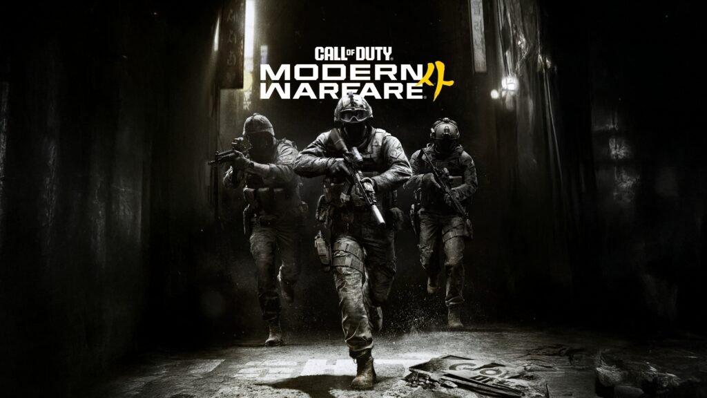 Visuel promotionnel de Call of Duty Modern Warfare 4 montrant trois soldats armés avançant dans un couloir sombre, avec le logo du jeu en arrière-plan.