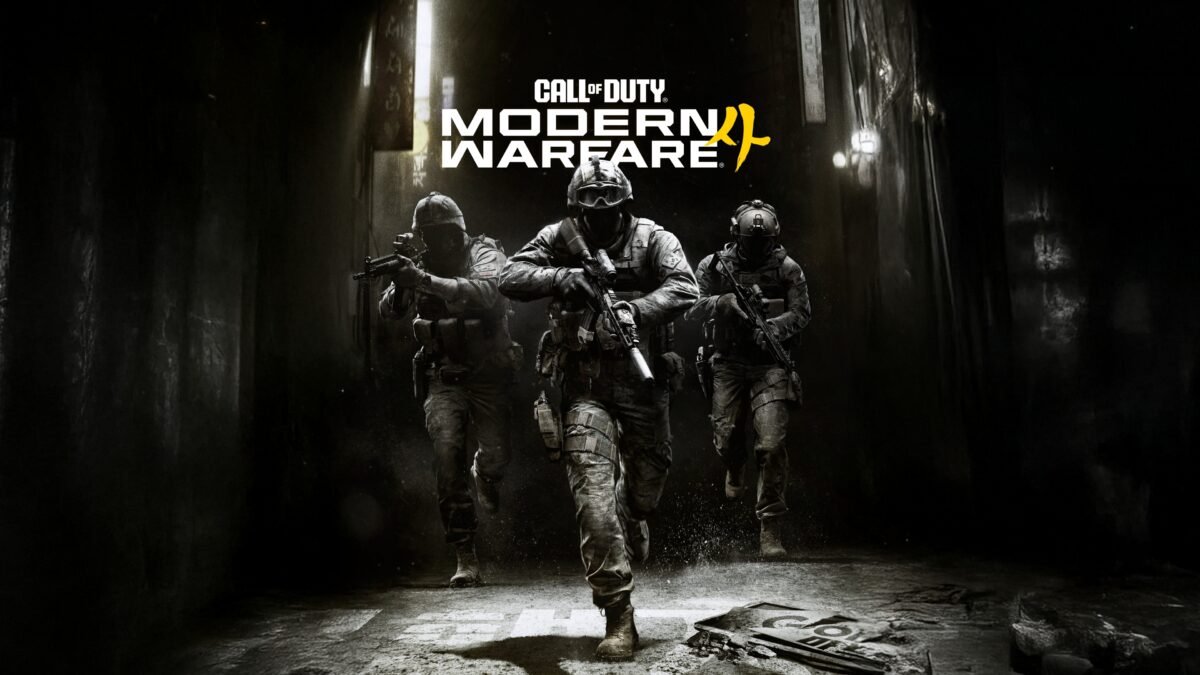 Visuel promotionnel de Call of Duty Modern Warfare 4 montrant trois soldats armés avançant dans un couloir sombre, avec le logo du jeu en arrière-plan.