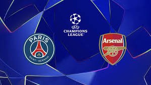 Visuel de la finale de Ligue des champions entre le PSG et Arsenal, avec les deux logos des clubs affichés sur un fond bleu aux couleurs de la compétition.