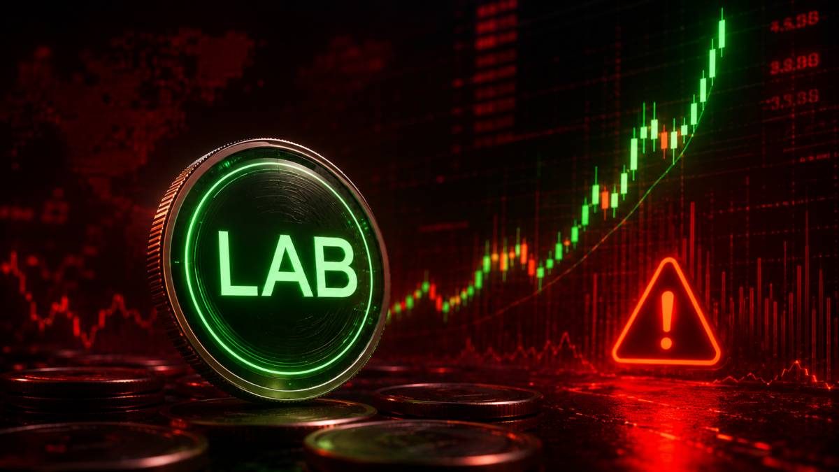 Pièce numérique LAB entourée de graphiques crypto en forte hausse et d’un symbole d’alerte rouge, illustrant la volatilité du token après son envolée de près de 100 %.