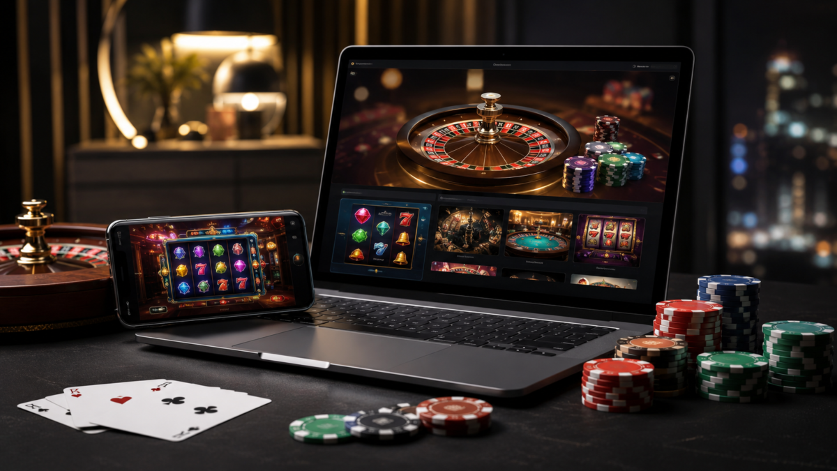 Jetons de casino et roulette sur une table de jeu, illustrant le fonctionnement des casinos en ligne et des jeux d’argent.