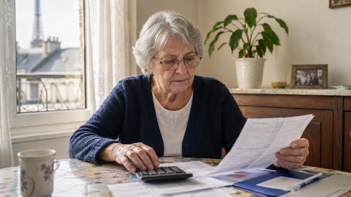 Une femme retraitée consulte ses factures et utilise une calculatrice à sa table de cuisine, illustrant les difficultés liées aux petites pensions et aux aides sociales.