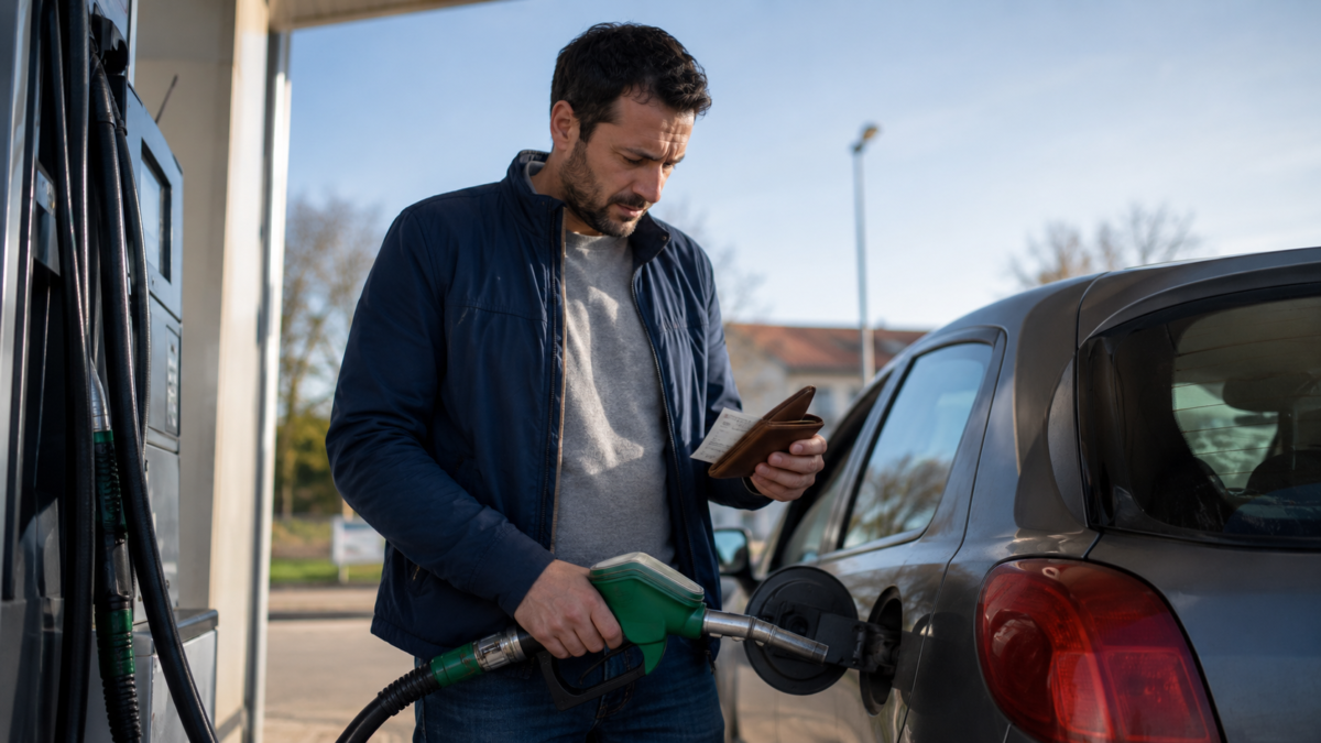 Un automobiliste fait le plein d’essence en consultant son portefeuille et son ticket de caisse à la station-service, illustrant le poids du carburant dans le budget des actifs.