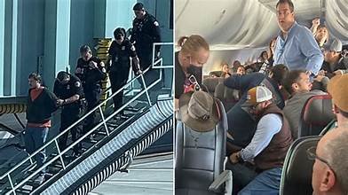 Montage montrant l’intervention de la police à l’aéroport et l’intérieur d’un avion Frontier Airlines après un incident en vol entre San Juan et Chicago.