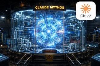 Illustration futuriste d’un modèle d’intelligence artificielle Claude Mythos dans une installation technologique, avec le logo Claude affiché en haut à droite.