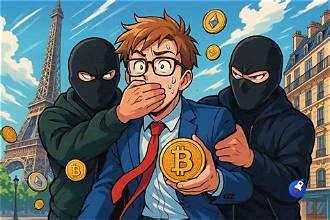 Illustration montrant un détenteur de cryptomonnaies agressé par deux hommes masqués, avec des bitcoins et la tour Eiffel en arrière-plan.