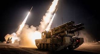 Système de défense antiaérienne tirant plusieurs missiles de nuit, illustrant une riposte militaire dans le Golfe.