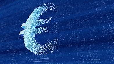 Symbole de l’euro formé par des particules numériques sur un fond bleu technologique.