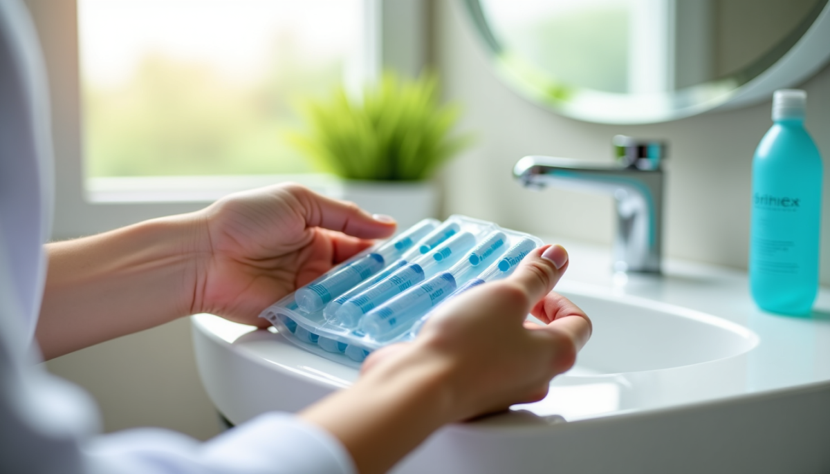 Personne tenant plusieurs brossettes interdentaires devant un lavabo, dans le cadre d’une routine d’hygiène bucco-dentaire.