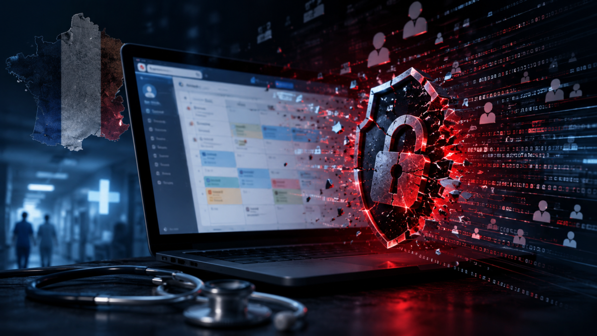 Illustration d’une cyberattaque visant une plateforme de santé en France, avec un ordinateur, un cadenas numérique brisé et un stéthoscope.