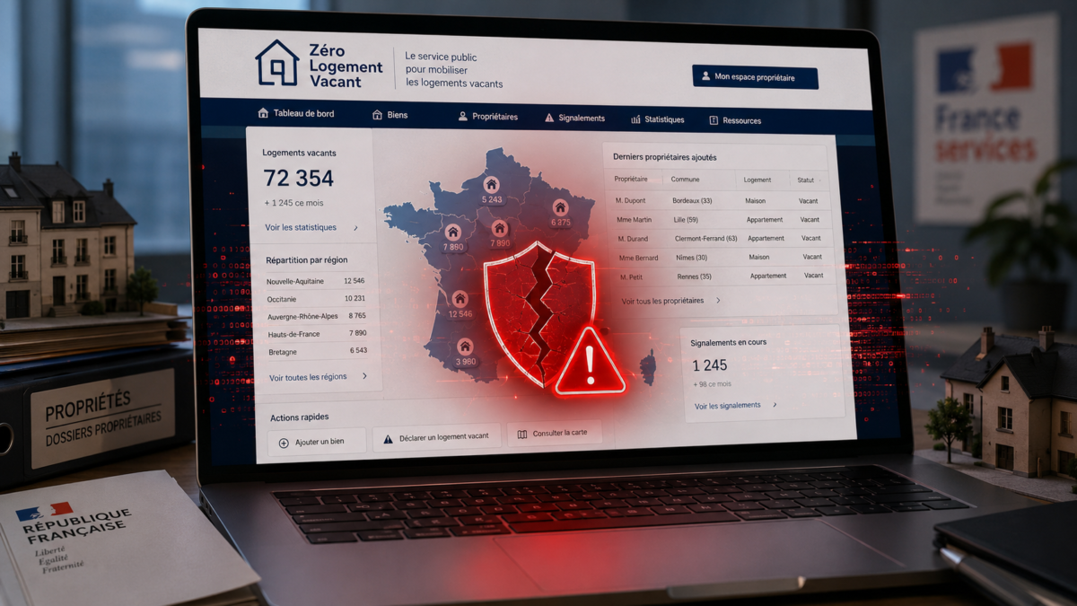 Interface du service Zéro Logement Vacant affichée sur un ordinateur avec une alerte de cyberattaque et des données liées à des propriétaires immobiliers.