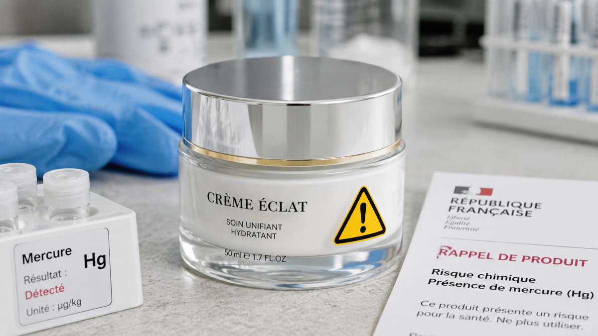Pot de crème cosmétique rappelée en France après la détection de mercure, avec un symbole d’alerte et du matériel de laboratoire.
